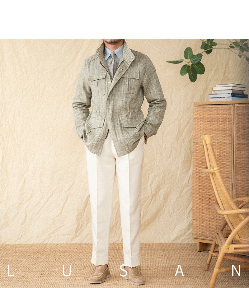 Cotton and Linen Vertical Collar Tight Waist M65 Hunting Jacket Retro All-match Spring and Summer Lightweight Casual Jacket