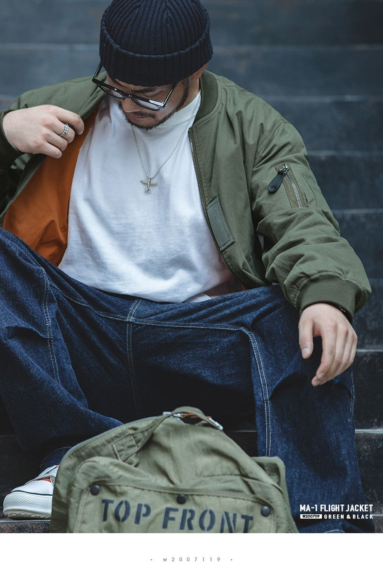 Maden Men's MA-1 Flight Bomber Jackets and T-shirts Vintage Air Pilot Jacket Green Baseball Suit Coat 2 Piece Tops