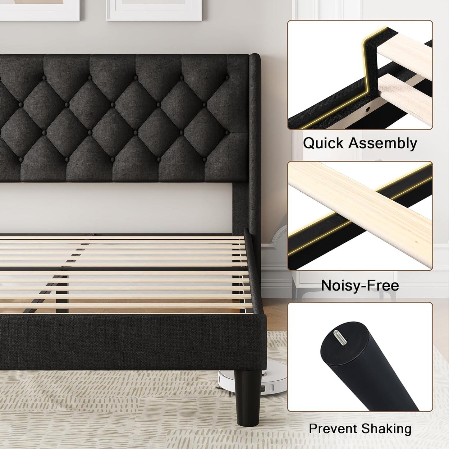 Queen Size Upholstered Bed Frame with Wingback Headboard, Fabric Linen Platform Bed, 8" Under Bed Storage, Wooden and Me