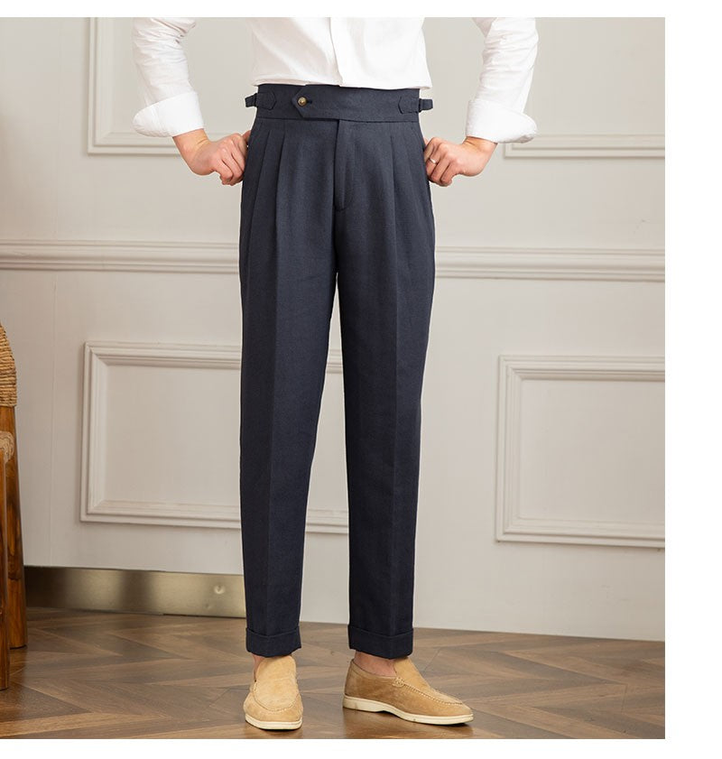 Three Gentleman Summer Naples Casual Straight Pants Men's Commuting Cotton and Linen Comfortable Breathable High Waist Pants