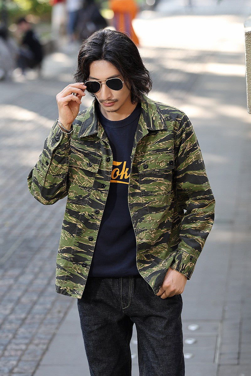 2025 Spring Men's Tiger Stripe Camo Camouflage Cargo Shirt Fashion Work Engineer Long Sleeved Shirt Jacket With Double Pockets
