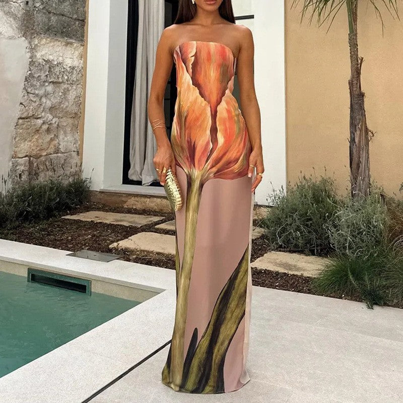 Sexy Strapless Backless Printed Long Dress Women Fashion Sleeveless Off Shoulder