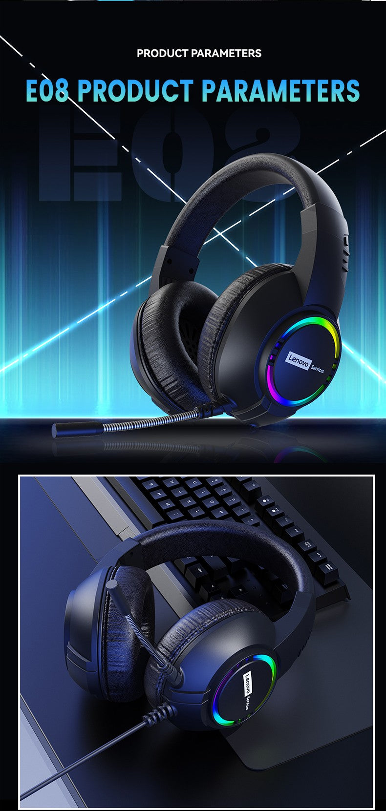 Fone de ouvido gamer com fio Lenovo E08 com microfone, luz RGB para computador e laptop, efeitos de som surround virtual 7.1, headset para E-sports