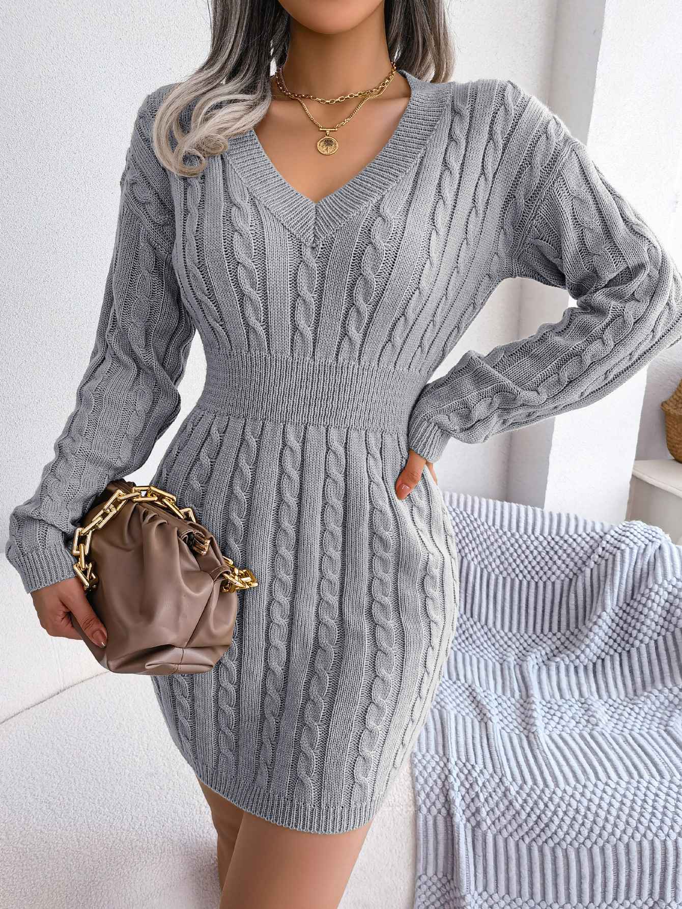 VigoCasey 2025 V Neck Casual Short Knit Dress Autumn Winter Women Solid Long Sleeve Dress Lady Khaki Bodycon Knitted Dresses