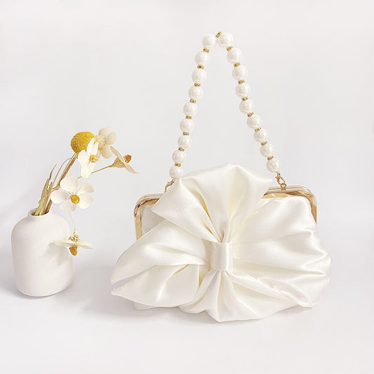 Fashion Bride Beige Women Satin Evening Banquet Clutch Bag Wedding Purse Party Bowknot Day Handbag Elegant Purse