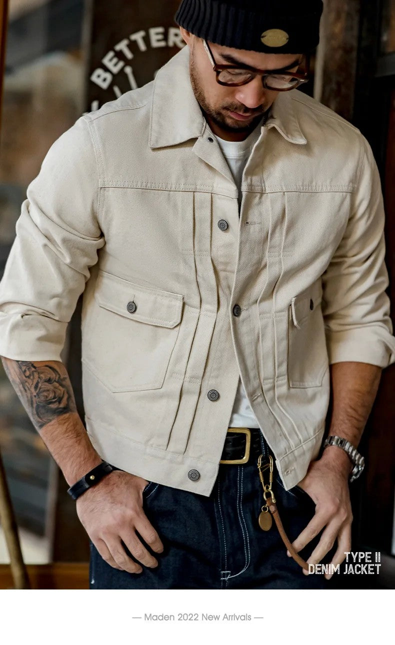 Maden Retro Type II Denim Jackets Beige Cotton Washed Denim Coats for Men's Autumn Versatile Single-breasted Lapel Outwear
