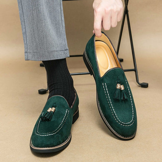 New Fashion Tassel Leather Men Shoes Slip On Loafers Round Toe Patchwork Suede Dress Shoes Man Daily Wedding Party Shoes for Man