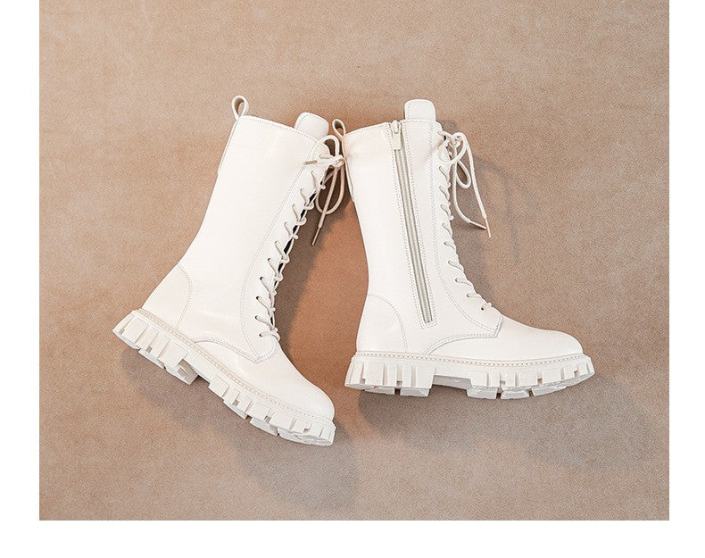 2025 Autumn/Winter Fashion Cool Baby Girls Warm Square Heel Round Toe Casual Lace-Up Comfortable Kids Black Mid Boots