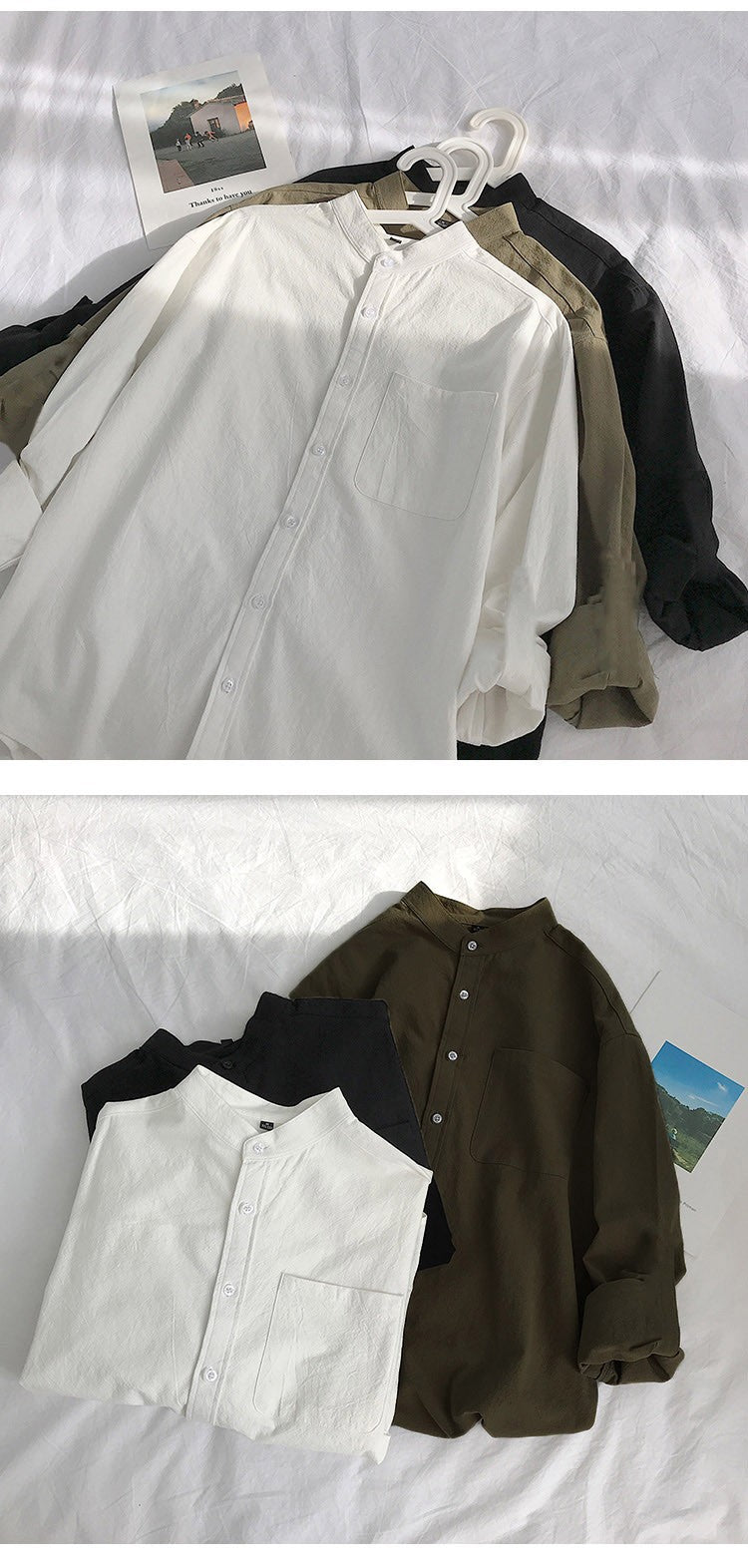 Simple Design Solid Colors Long Sleeve Shirts Korean Fashion Mandarin Collar 100% Cotton White Black Shirt Soft and Comfort
