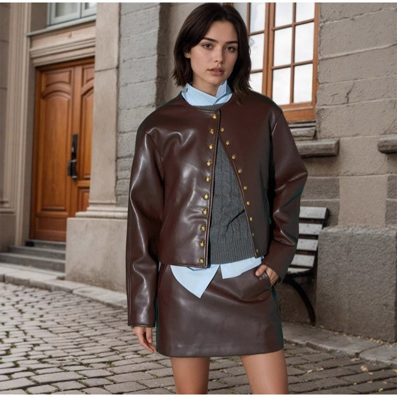 Full Sleeve Cropped Women Casual Slim Thin Motorcycle Coat Chic Zipper Lapel Wine Red Leather Jacket Lady New Highstreet Outwear