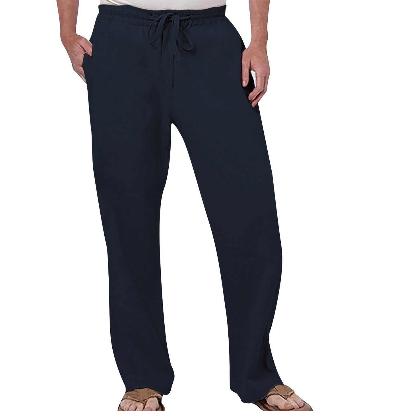 Mens Fashion Casual Pants Solid Color Breathable Cotton Linen Elastic Waist Straight Pants With Pockets Large Size White Pants