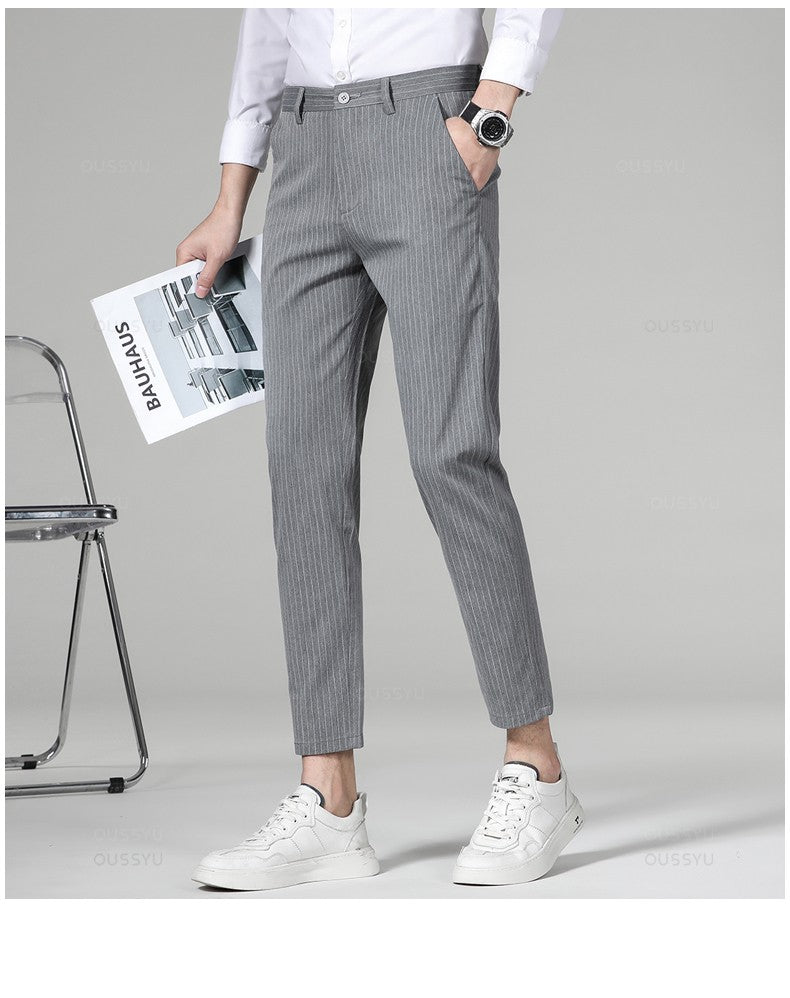 High Quality Plaid Stripe Ankle Length Pants Men Business Long Length Pant Straight Korea Grey Black Suit Formal Trousers Male