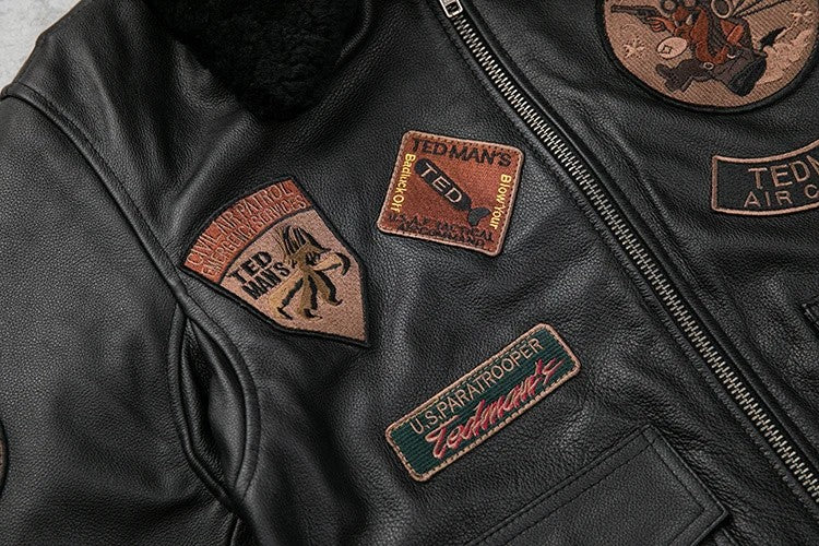 Detachable Natural Fur Collar Genuine Cowhide Men Leather Jacket Patches Flight Air Force Pilot Coat Winter Bomber