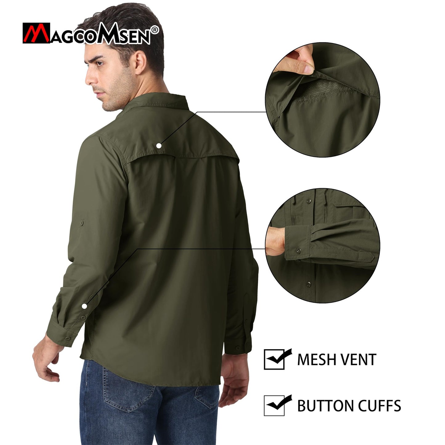 MAGCOMSEN UPF 50+ Mens Quick Dry Cargo Shirts Mesh Breathable Long Sleeve Work Shirts UV block Outdoor Hiking Fishing Shirts