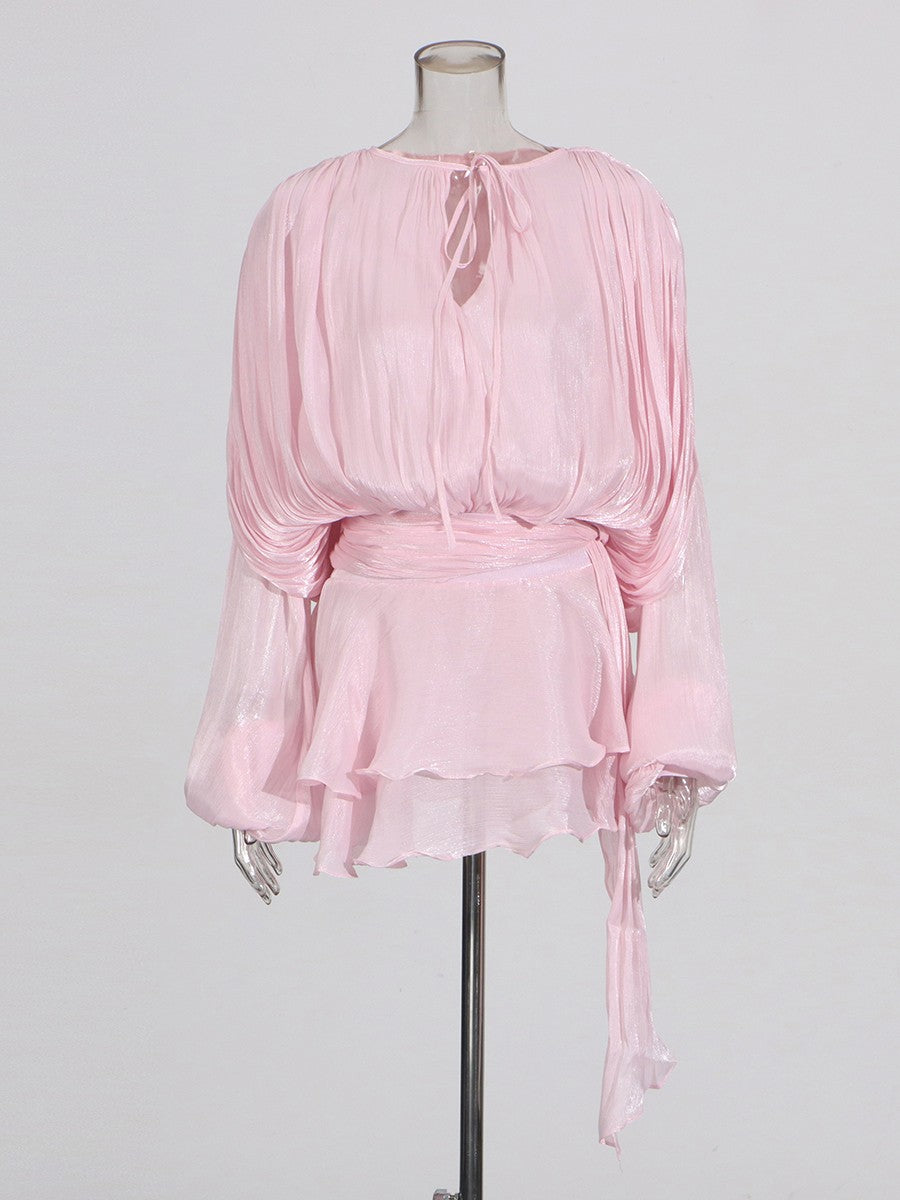 TWOTWINSTYLE Elegant Ruched Mini Dress For Women Round Neck Lantern Long Sleeve