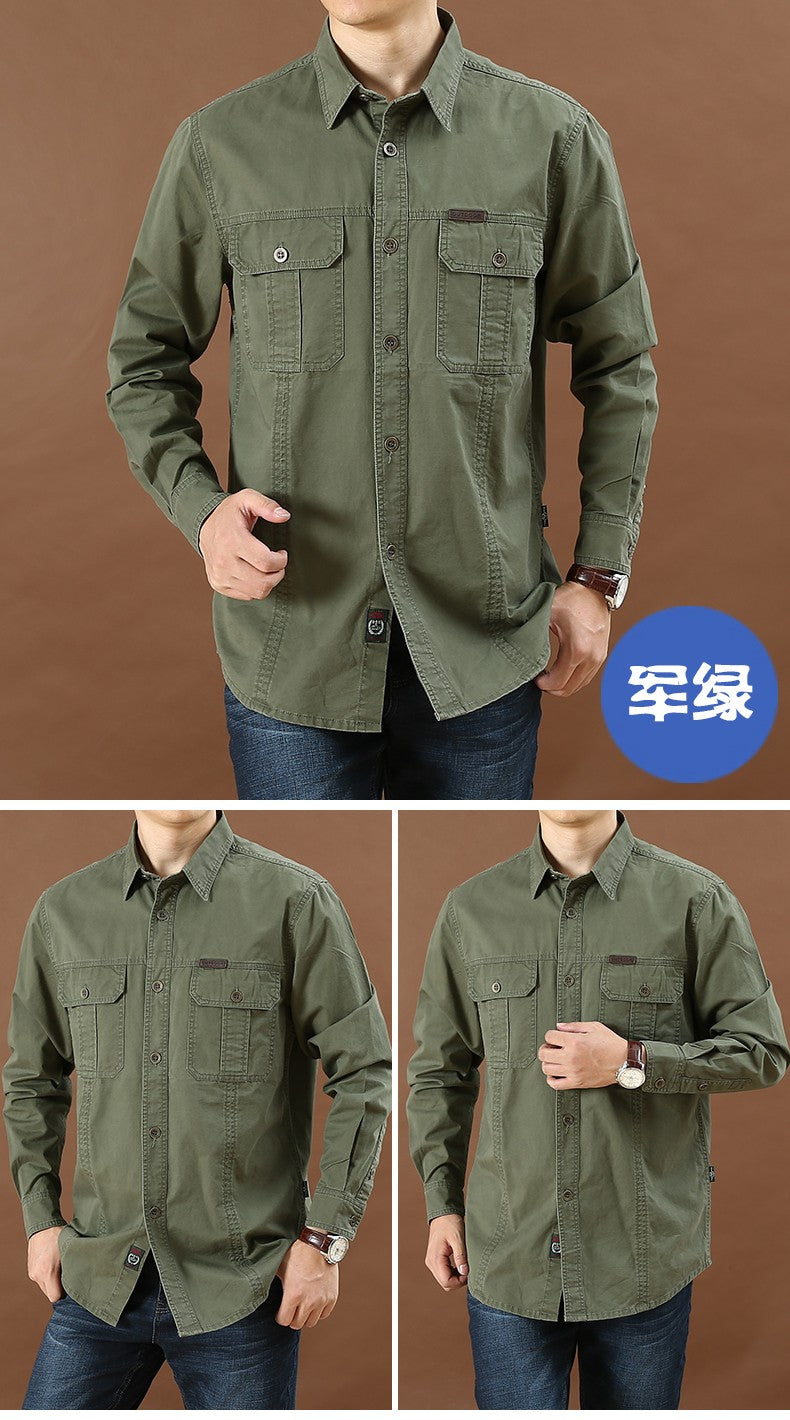 Men Loose Long-sleeved Shirt. New Solid Color Shirt for Middle-aged and Young People in Europe and America in Spring and Autumn