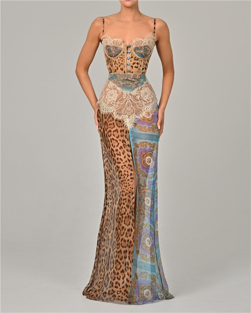 Mozision Leopard Print Lace Split Sexy Maxi Dress Women Gown Elegant Patchwork C