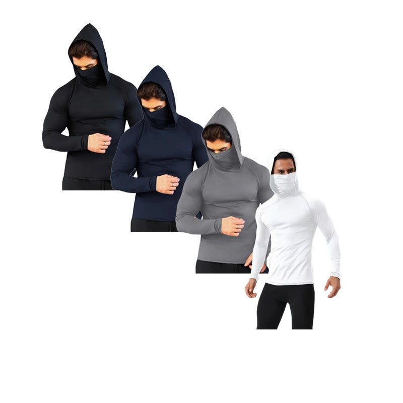 Men Compression t Shirt Soild Casual t-Shirt Long Sleeve Fitness Tops Running Gym t-Shirts Hooded Shirts With Mask Male Clothes