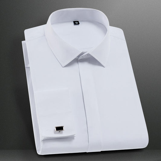 Men's Classic French Cuff Dress Shirt Covered Placket Long Sleeve Tuxedo Male Shirts with Cufflinks No Pocket Office Work White