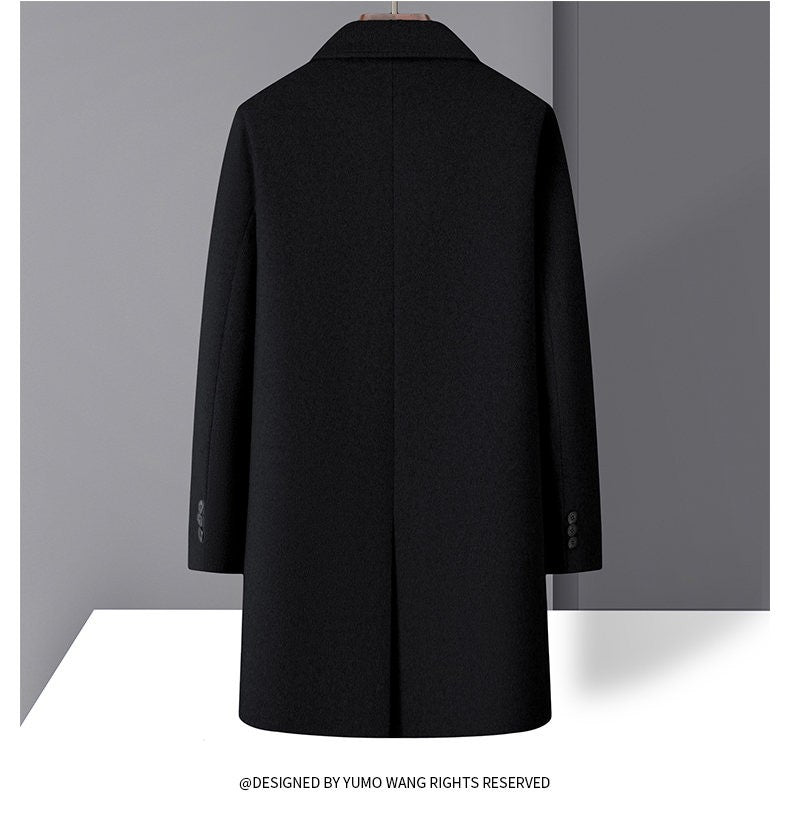 High-quality men's fashionable, stylish and versatile solid-color casual long woolen overcoat, wool woolen overcoat