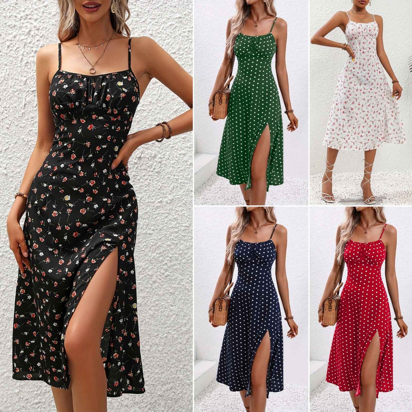 2024 Summer Sexy Spaghetti Straps Dress Women Fashion Polka Dot Print Sleeveless