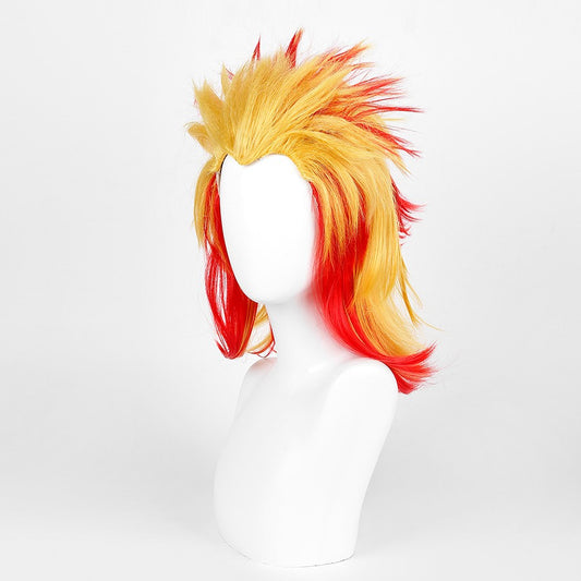 Peruca Cosplay de Demon Slayer Rengoku Kyoujurou Anime Kimetsu No Yaiba Peruca Cosplay Mista de Dourado e Vermelho Sintética Peruca de Cabelo Resistente ao Calor