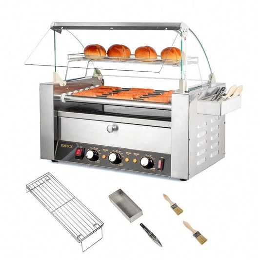 Commercial Electric 18 Sausage Hot Dog 7 Roller Grill Cooker Machine ,Bun Warmer