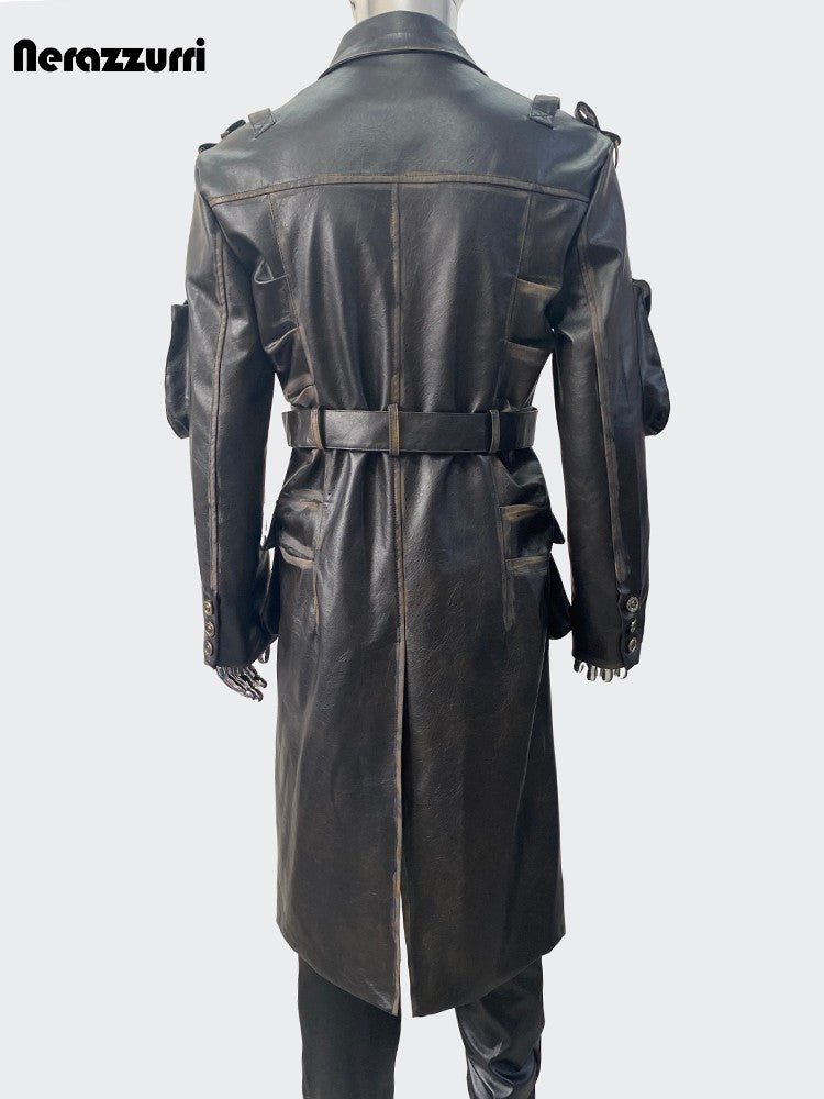 Nerazzurri Spring Autumn Cool Long Waterproof Distressed Black Pu Leather Trench Coat Men Belt Pockets Luxury Designer Clothes