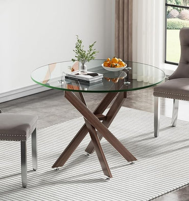 35.4'' Glass Top Round Dining Table for 2-4 People, Sturdy Walnut Metal Legs, Round Glass Kitchen Table for Apartment, Space Sav