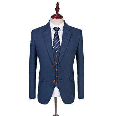 Blue Tweed Suit Men Vintage Winter Formal Wool Wedding Suits For Men 3 Pieces Herringbone Blazer For Men