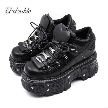 2025 New Punk Style Women Shoes Lace-up Heel Height 6CM Platform Shoes Woman Gothic Ankle Rock Boots Metal Decor Woman Sneakers
