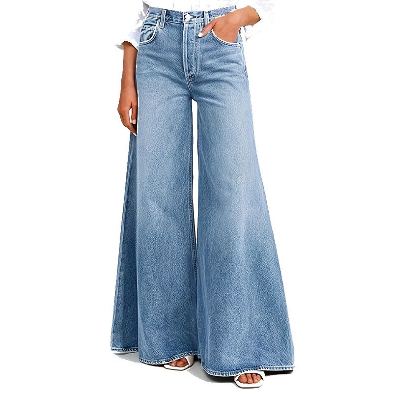 High-waisted light blue faded loose A-line wide-leg women's jeans