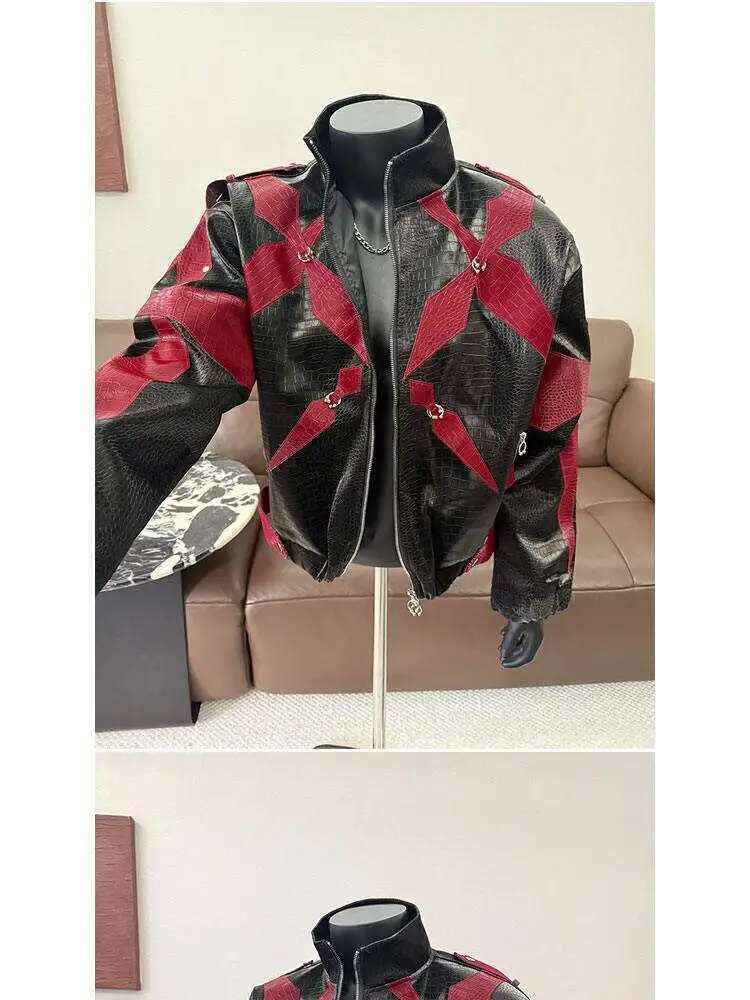 PFHQ Men's PU Leather Jacket 2025 Zipper Stand Collar Contrast Color Korea Fashion Darkwear Male Tops Casual 21E2807