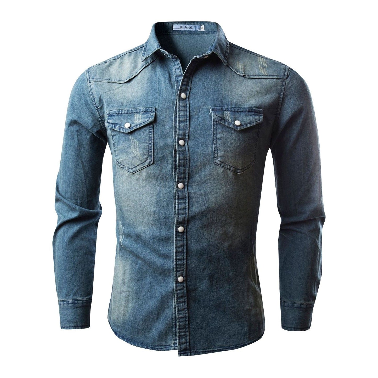 Men'S Autumn Fashion Clothing Casual Fashion Long Sleeve Lapel Shirts Solid Color Denim Washed Shirt Men'S Tops