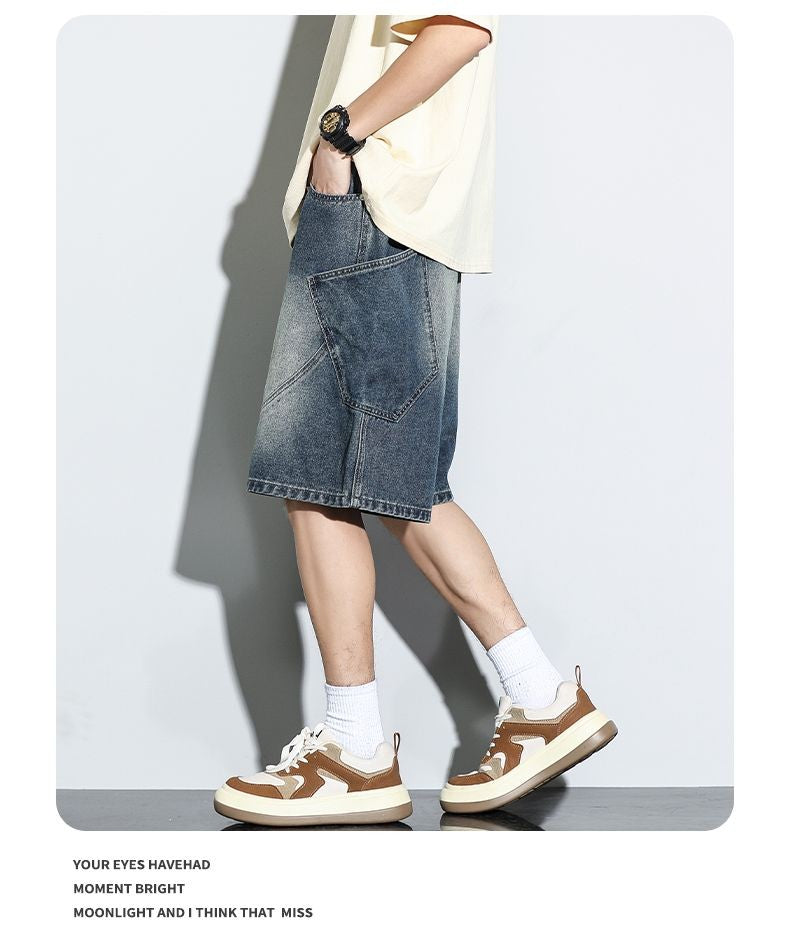Summer New Baggy Denim Shorts Fashion Casual Straight Harajuku Jeans Male Vintage Wash Drawstring Short Pants Streetwear
