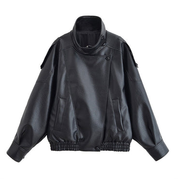 Women's Jacket Fall 2025 New Black Long Sleeve Pebble Faux Leather Jacket Motorcycle Style Personality Fashion