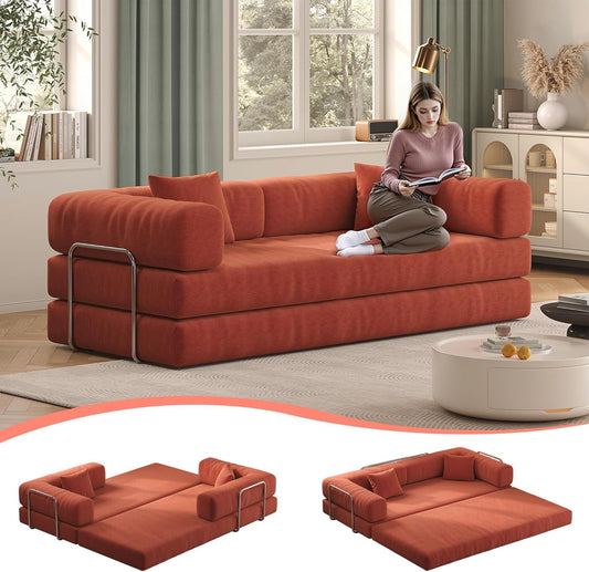 79" Convertible Sofa Bed with Pillows, Corduroy Folding Sleeper Sofa with Fixed-Shape Frame, Boneless Couch for Living Room