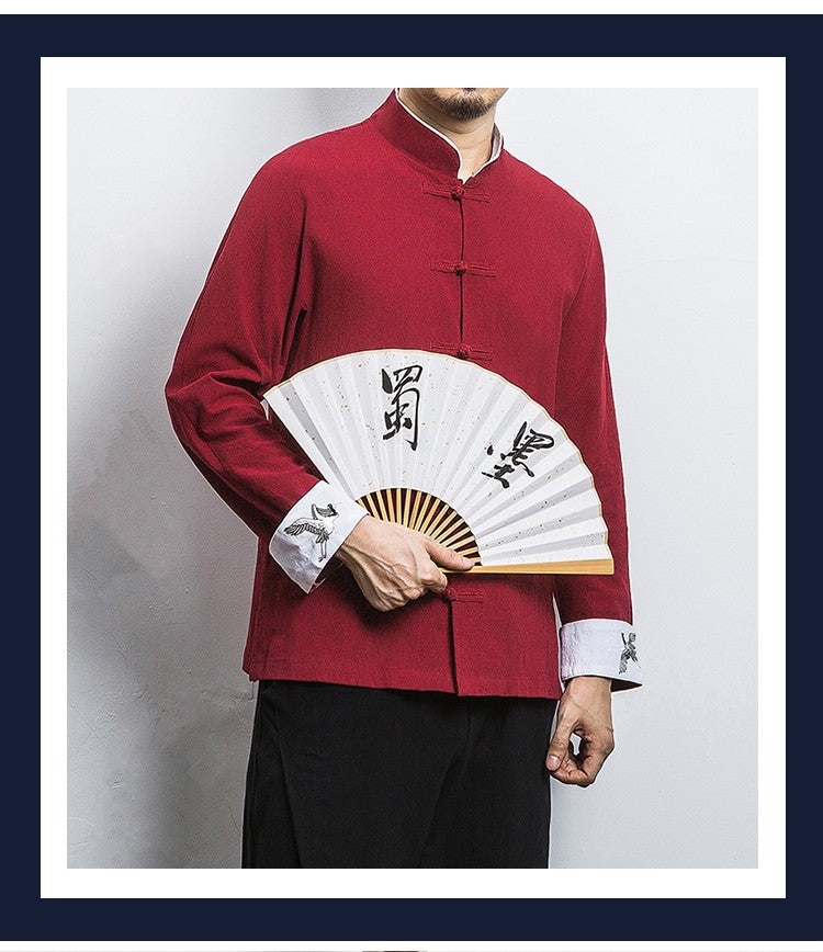New Crane Embroidery Top Traditional Chinese Clothing for Men Vintage Half Sleeve Linen Shirts Solid Madarin Collar Hanfu Kungfu