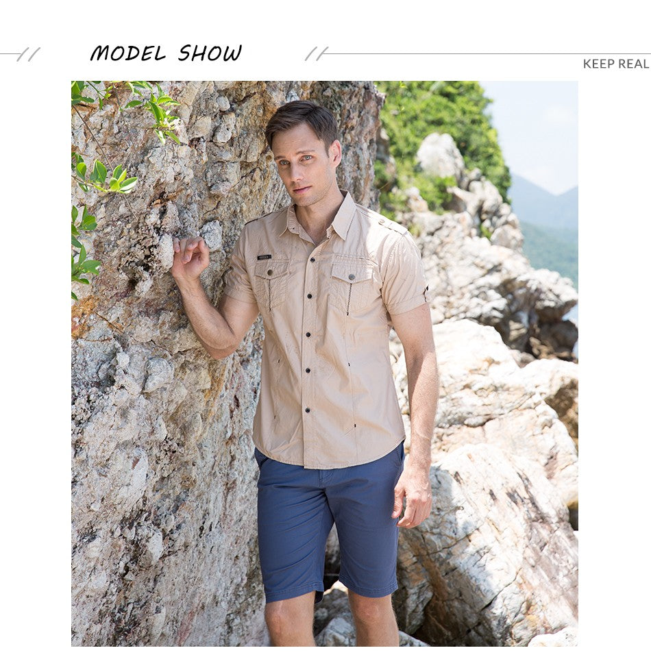 2022 New Arrive Mens Cargo Shirt Men Casual Shirt Solid Short Sleeve Shirts Multi Pocket Work Shirt Plus Size 100% Cotton