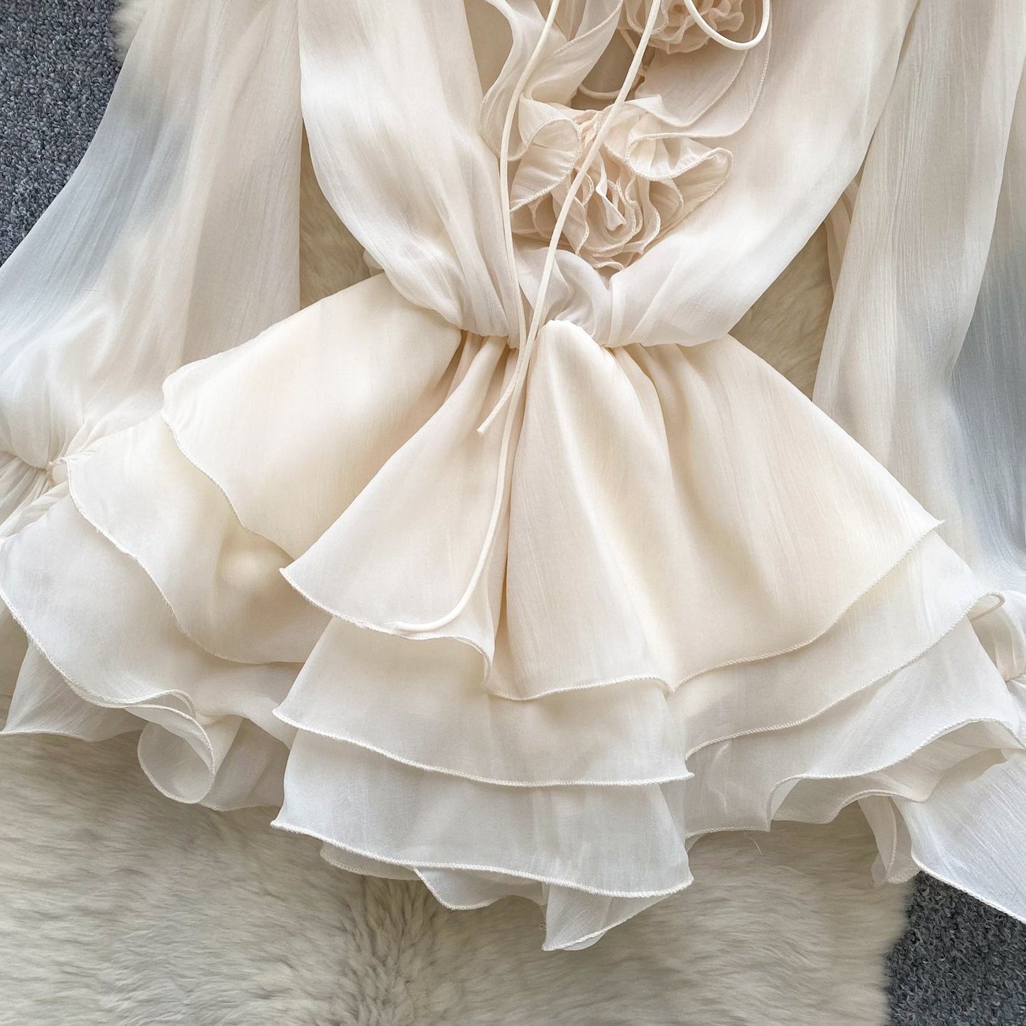 SINGREINY 3D Floral Beach Short Dress Female Long Sleeves Lace Up Ruffle Chiffon