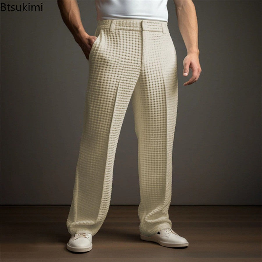 New 2025 Men's Elegant Waffle Suit Pants Solid Loose Straight Trousers Business Social Dress Pants Casual Vacation Pants for Men