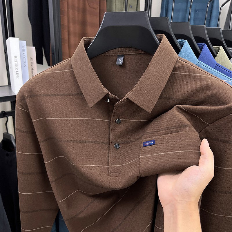 2025 long sleeved men's spring and autumn collar striped pullover top with loose pockets polo shirt
