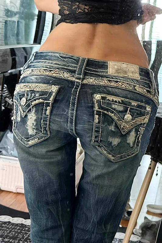 Retro American Washed Low Waist Bell Bottom Jeans Women's Y2K Millennium Sexy Lace Trimmed Floor Length Pants