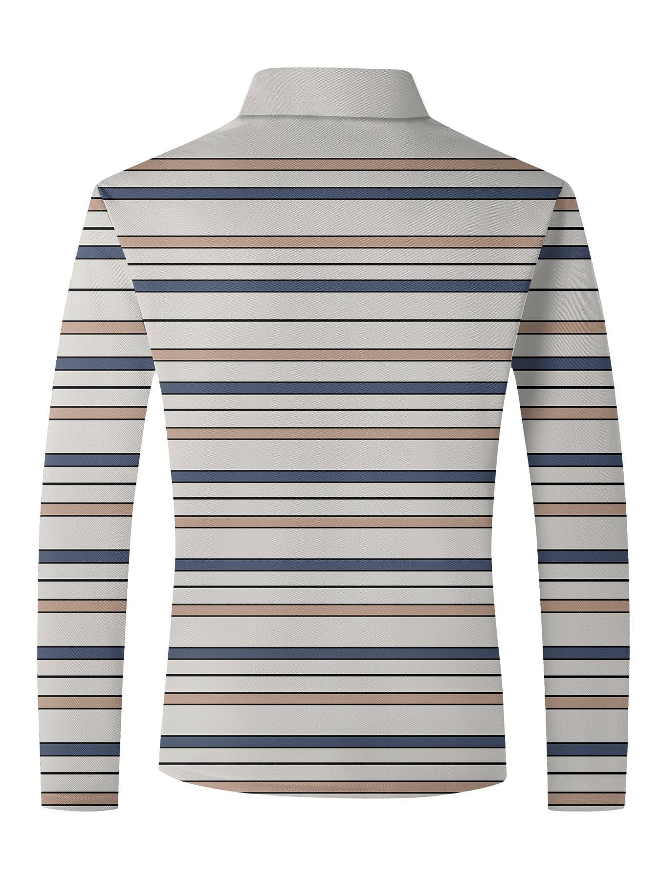 Men's Striped Long Sleeved T-shirt Polo Shirt Button Up Men's Stand Up Collar, Winter Double-sided German Velvet Base Shirt