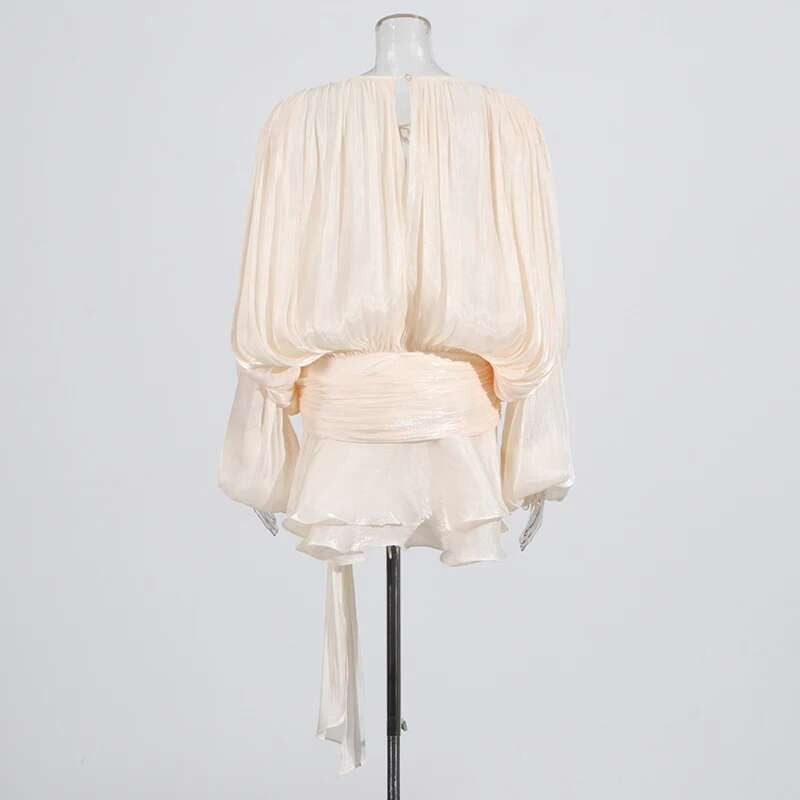 TWOTWINSTYLE Solid Blouse Mini Dresses For Women V Neck Long Sleeve Spliced Lace