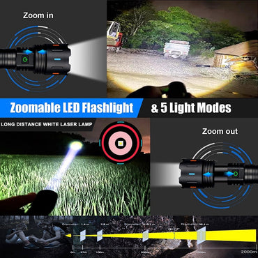 2000 Meters Super Bright White Laser Flashlight USB Rechargeable Torch High Power Outdoor Camping Emergency Tactical Lantern