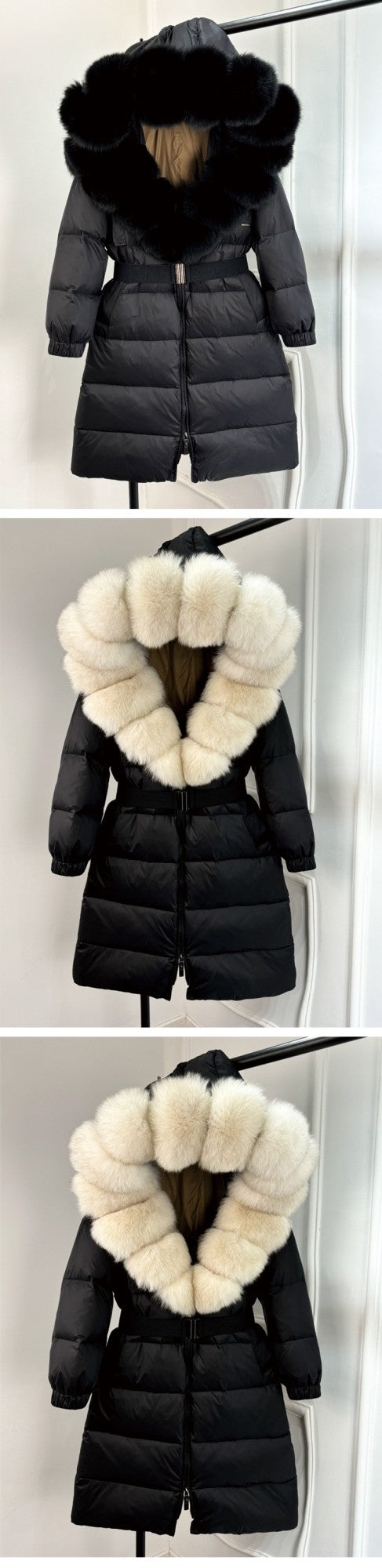 Janveny New Natural Thick Warm 90% White Duck Down Coat Long Winter Jacket Women Real Big Fox Fur Collar Belt Loose Puffer Parka