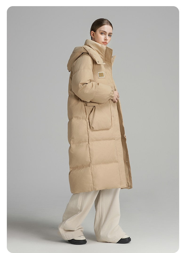 CLARKE QUEEN Long Down Jacket for Women Winter Duck Down Coat Hooded Over-the-Knee Casual Thickened Fitted Padded Puffer Coat