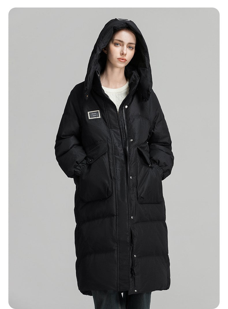 CLARKE QUEEN Long Down Jacket for Women Winter Duck Down Coat Hooded Over-the-Knee Casual Thickened Fitted Padded Puffer Coat