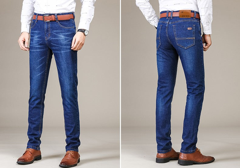 Autumn Classic Men's Fitted Stretch Jeans Business Casual Cotton Denim Straight Leg Pants Male Black Blue Trousers